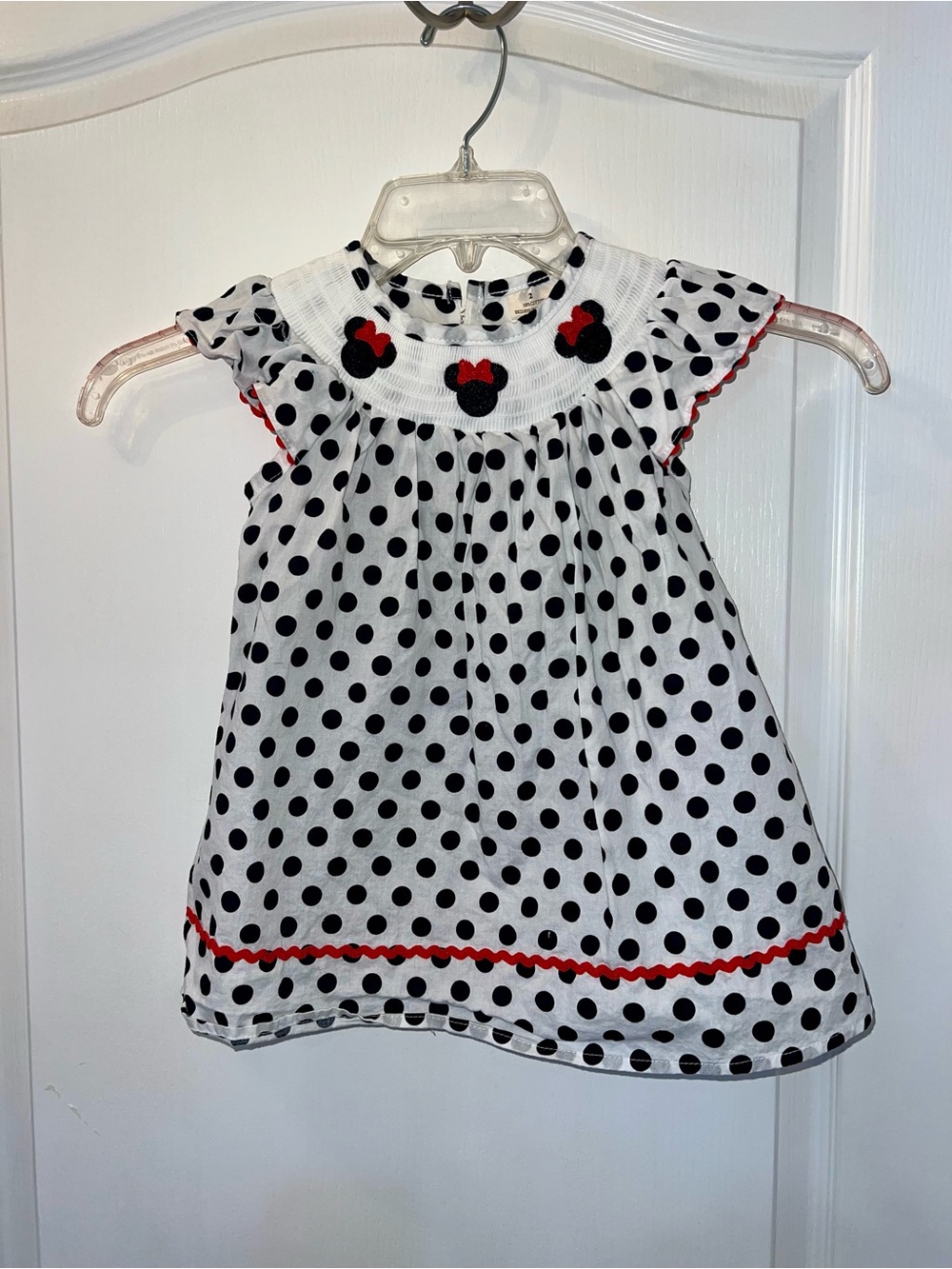 Girls Smocked Polka Dot Minnie Mouse Dress - White, Black & Red
